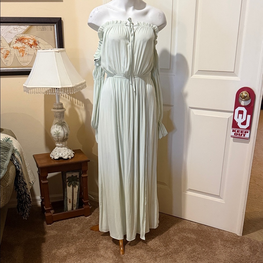 Forever 21 Off Shoulder Seafoam Maxi Dress Small Sheer Wrap NWT - Picture 2 of 14